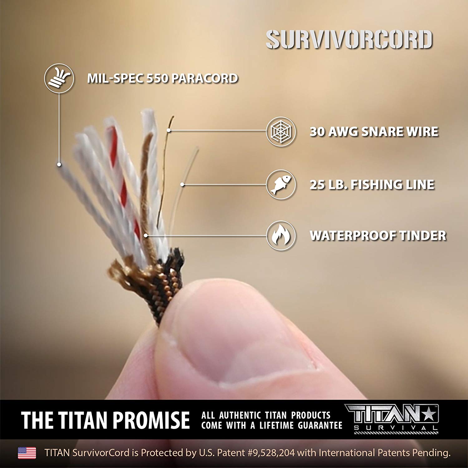 Titan 620 LB SurvivorCord Paracord | Authentic Patented U.S. Military Type III Nylon 550 Parachute Cord (MIL-C-5040H) with Integrated Fishing Line, Fire-Starter Tinder, and Snare Wire
